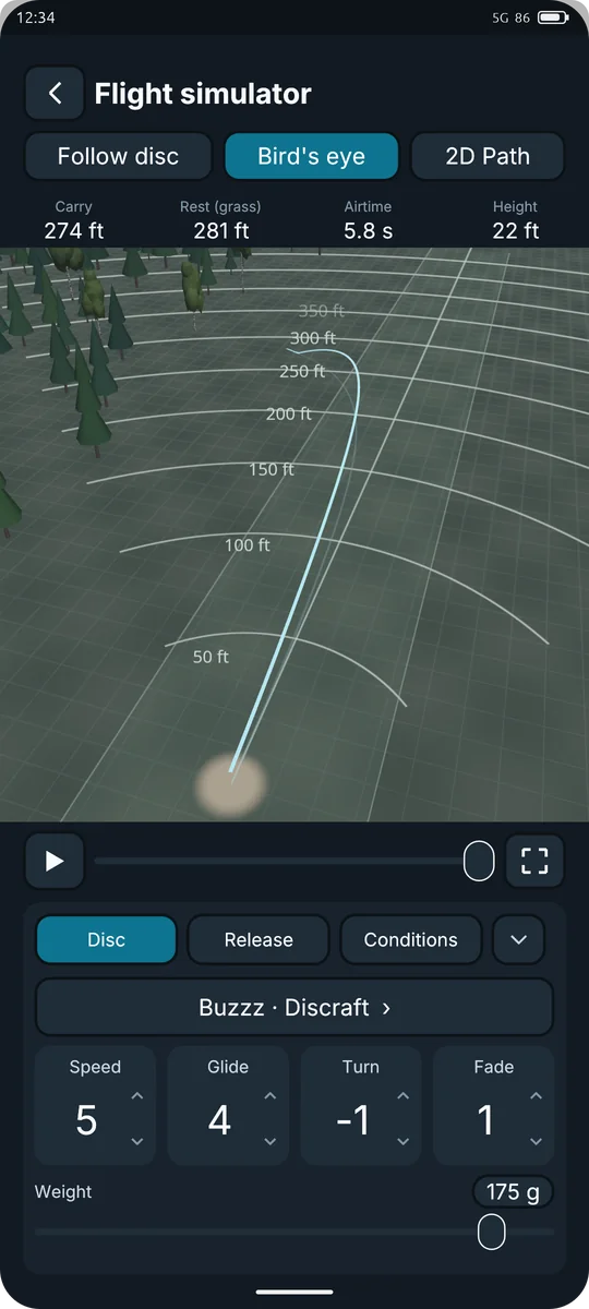 Flight simulator: a bird's-eye flight path over distance rings, with the disc's speed, glide, turn and fade.