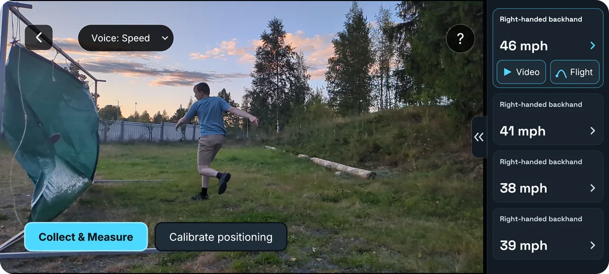 DiscLab's live view mid-throw, with the session's release speeds listed beside it: 46, 41, 38 and 39 mph.
