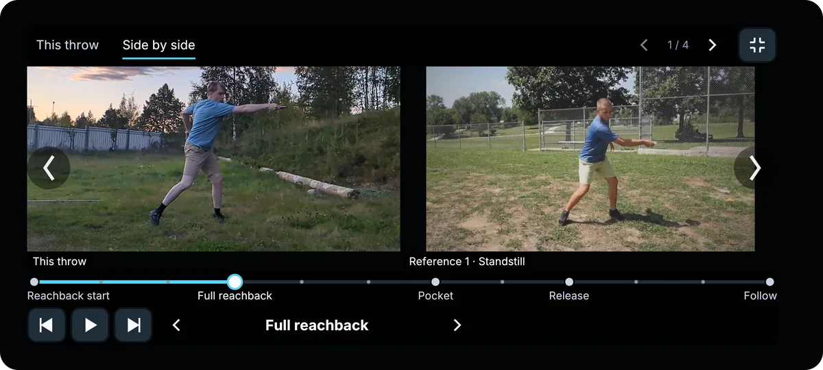 A saved throw replayed side by side with a reference throw, both paused at full reachback.
